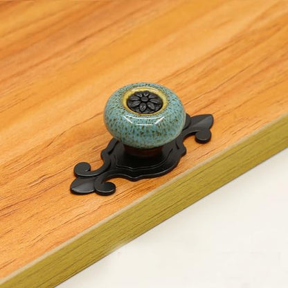 HUAMULAN 10 Pack Ceramic Knobs Leopard Dresser Cabinet Pulls with Backplate - color: HRJ1901-HeiBaoLan-10PACK