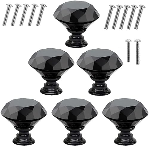 Akstore 6 Pcs Crystal Glass Cabinet Knobs 30mm Diamond Shape Drawer Kitchen Cabinets Dresser Cupboard Wardrobe Pulls Handles (Black-Black, 30mm) - color: Black-Black, size: 30 mm
