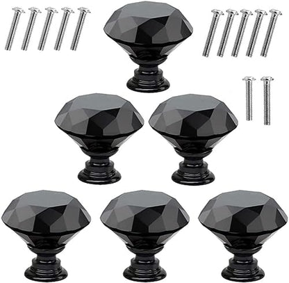 Akstore 6 Pcs Crystal Glass Cabinet Knobs 30mm Diamond Shape Drawer Kitchen Cabinets Dresser Cupboard Wardrobe Pulls Handles (Black-Black, 30mm) - color: Black-Black, size: 30 mm