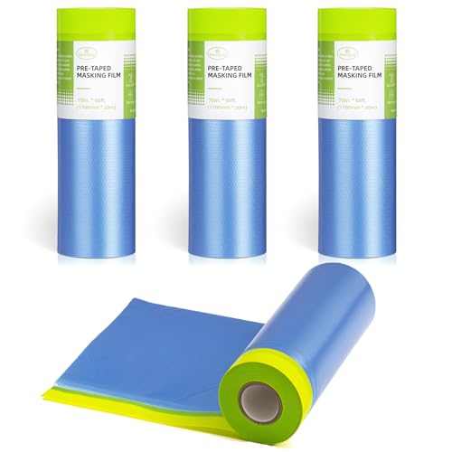 Tangibay Pre-Taped Masking Film for Painting - 70" x 66' Painters Plastic Sheeting for House & Automotive Paint, Tape and Drape for Covering Cars, Walls, Windows and Furniture Protection (4 Rolls) - size: 4 Rolls: 70"x66'