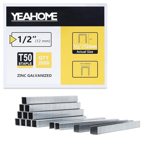 YEAHOME Heavy Duty Staples, 2000 Counts 1/2 inch T50 Staples, 20 Gauge Galvanized 3/8 Inch Crown Upholstery Staple for Pneumatic, Electric T50 Staple Gun - size: 1/2 inch