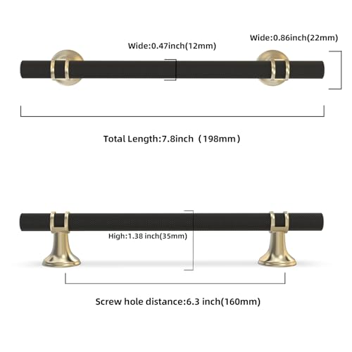 10 Pack 6-1/4 Inch Cabinet Pulls knurled Matte Black and Brushed Gold Kitchen Cabinet Handles Aluminum and Zinc Alloy Drawer Pulls Solid Cabinet Hardware - color: Black and Brushed Gold Knurled, size: 6-1/4'' Hole Center(160mm)