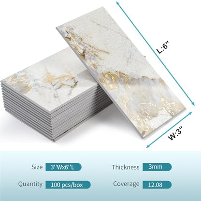 Vamos Tile 100-Pack Peel and Stick Backsplash Tile,3" x 6" PVC Subway Tile - color: Pandora Marble with Gold Veining