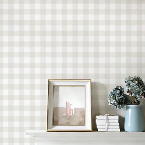 Plaid Wallpaper Neutral Wallpaper 196"×17.3" Checkered Wall Paper Peel and Stick Modern Beige Contact Paper for Cabinets Vinyl Renter Friendly Waterproof Self-Adhesive Bathroom Kitchen Bedroom - color: Beige and White, size: 17.3" x 196"