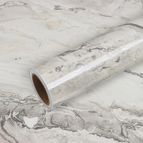 VEELIKE Glossy Silver Beige Marble Contact Paper for Countertops Marble Kitchen Countertop Peel and Stick Waterproof 15.7''x118'' Marble Wallpaper Adhesive Countertop Vinyl for Bathroom Table Desk - color: Silver Beige, size: 15.7" x 118"
