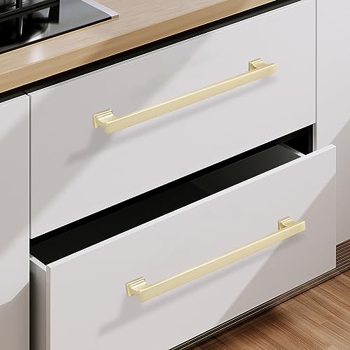 COTYKILEY 10 Pack 10 Inch(256mm) Brushed Brass Cabinet Handles Gold Kitchen Cabinet Pulls Cabinet Door Handles Kitchen Cabinet Hardware - color: Brushed Brass, size: 10" Hole Center（256MM）