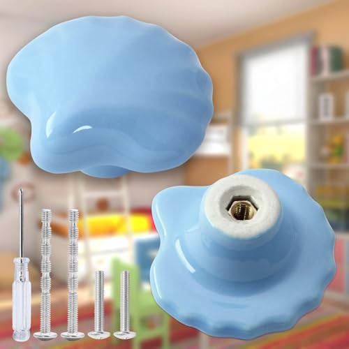 2pcs Ceramic Shell Blue Drawer Knobs, Cute Cabinet Pulls for Kids - color: Blue + Shell Shape, size: 2 Pack