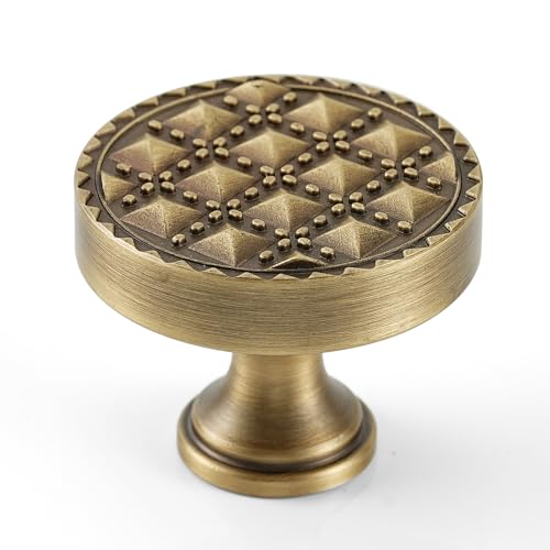 2 Pack Cabinet Knobs, Solid Brass, Studded Motifs Drawer Knobs, Brushed Antique Brass Cabinet Knobs for Kitchen, Bathroom, and Furniture - size: Knob-C