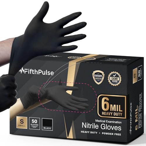 FifthPulse 6 Mil Black Nitrile Gloves, Heavy Duty Mechanic and Food Grade Glove - Powder-Free, Latex-Free Medical Exam Gloves - style: Small