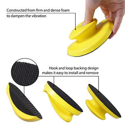 SPEEDWOX 4 Pack 5" Hand Sanding Blocks Round and Mouse-Shaped Hook and Loop Sanding Pad Includes Cleaning Brush, Hook Backing Plate for Wood Furniture Restoration Polishing Home and Car (Yellow) - style: 5" 4Pack