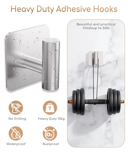 Aikzik 4 Pack Large Heavy Duty Wall Hooks - 26lb Max, Stainless Steel Adhesive Towel Hook, Shower Hooks for Hanging Towel, Coat, Robe, Wall Hook for Use in Bathroom, Kitchen and Door - color: Sliver