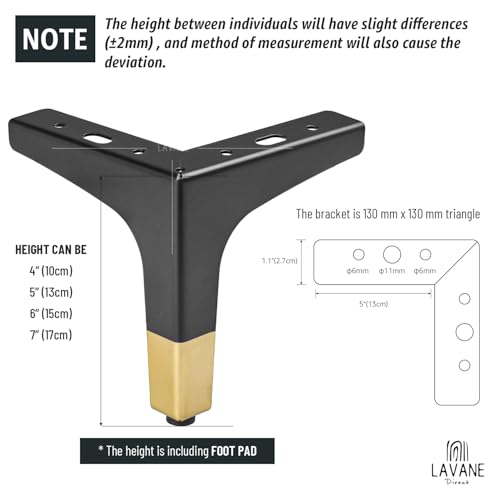 La Vane 5 Inch Diamond Triangle Metal Furniture Legs 4PCS- Heavy Duty Iron - color: Black/Gold, size: 5" / 13cm