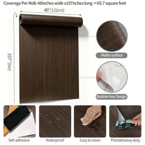 Extra Wide Dark Wood Grain Wallpaper Peel and Stick Walnut Contact Paper - color: Chocolate Brown, size: 48" x 197"