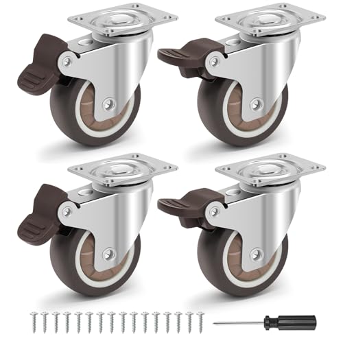 2 Inch Caster Wheels - No Noise Rubber Wheels with Locking Brakes, Small Casters Set of 4 Load Capacity 600LBS, Ball Bearing Plate Swivel Castors for Furniture, Desk, Cabinet, Plant Stand - size: 2 INCH (4 PACK)