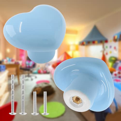 2pcs Ceramic Heart Blue Drawer Knobs, Cute Cabinet Pulls for Kids - color: Blue + Heart Shape, size: 2 Pack