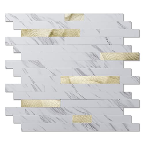 Art3d Faux Stone Peel & Stick Backsplash Tile, 10pcs, Gold Stud White Slate - color: White Slate With Gold Studded, size: 13.4" x 11.8"