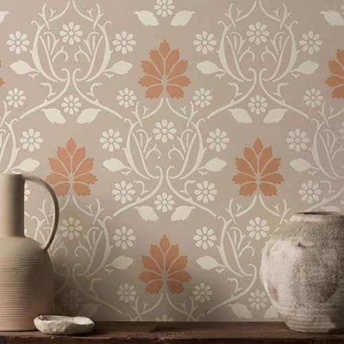 PINKIPO® Cottage Damask - 2 Pieces XL Wall and Floor Stencil for Painting, Reusable Mylar English Garden Damask Pattern, Edge Stencil Included