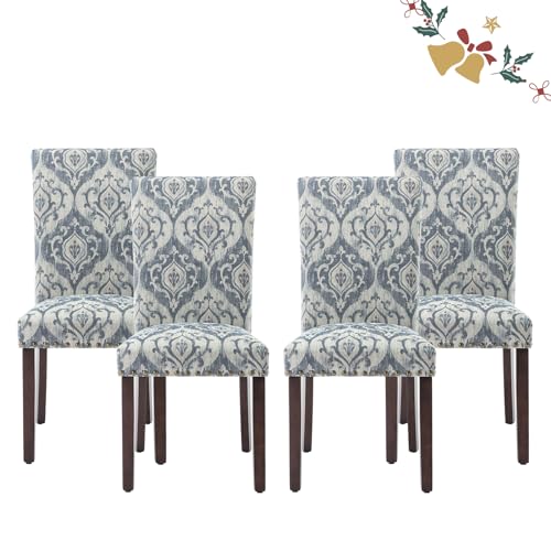 Parsons Dining Chairs Set of 4, Upholstered Nailhead Dining Room Kitchen Side Chair with Thick Cushions and Wood Legs, White/Blue - color: White/Blue, size: set of 4