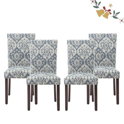 Parsons Dining Chairs Set of 4, Upholstered Nailhead Dining Room Kitchen Side Chair with Thick Cushions and Wood Legs, White/Blue - color: White/Blue, size: set of 4