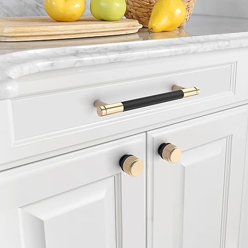 Asidrama 10 Pack 5 Inch(128mm) Matte Black Cabinet Pulls Knurled Cabinet Handles Gold Cupboard Handles Kitchen Cabinet Hardware for Cupboard Drawer Pulls - color: Black-Gold, size: 5" Hole Center, style: 10 Pack