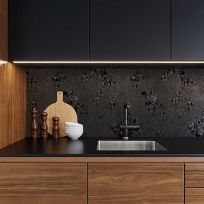 Erfoni Black Peel and Stick Wallpaper Black Floral Embossed Contact Paper - color: Black, size: 17.7" x 394"