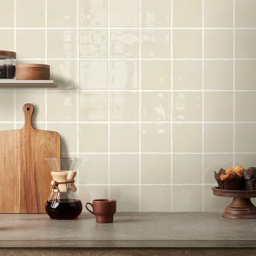 Commomy Thicker Retro Beige Peel and Stick Tiles 10 pcs of 12" x 12" - color: Glossy Zagora Beige & Thicker Design