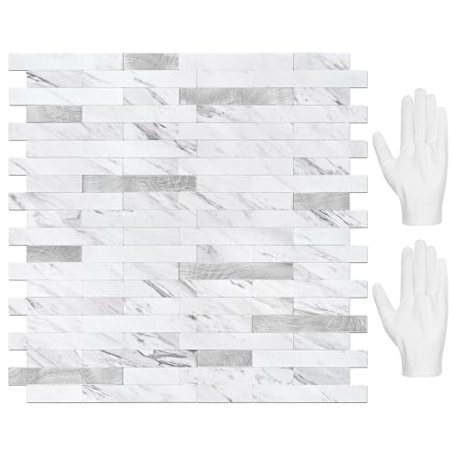 STICKGOO Peel and Stick Backsplash Tile, Stick on Backsplash for Kitchen and Bathroom, Volakas White Look PVC Mixed Metal Silver Self Adhesive Wall Tiles(10 Sheets) - color: Volakas White with Metal Silver