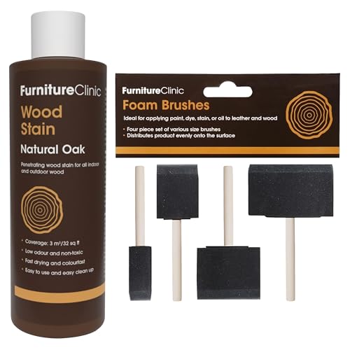 Furniture Clinic 8.5oz Natural Oak Wood Stain + 4 Pack Foam Brushes | Water Based | Fast Drying, Low Odor, & Non-Toxic | for Indoor & Outdoor Furniture and More