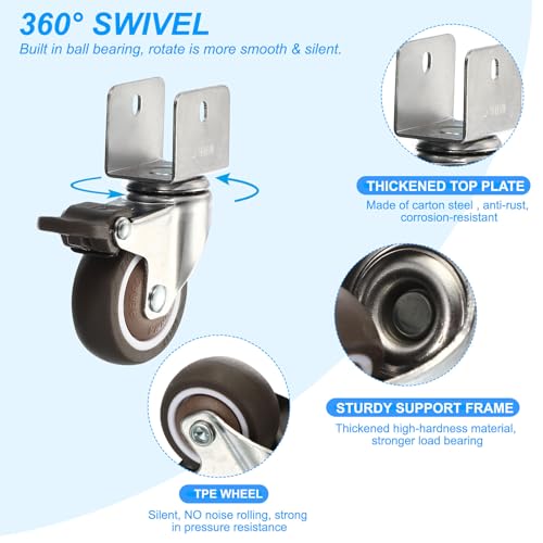PATIKIL 2" Swivel Caster Wheels with 1" U Bracket, 4 Pack 360° Rotation Swivel Wheel with Brake Total Load 165lbs Locking Caster for Cabinet Furniture Table Replacement