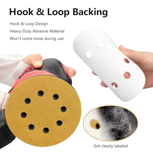 100 PCS 5 Inch Sanding Discs 120 Grit 8-Hole, Round Hook and Loop Sandpaper for Random Orbital Sander - size: 120 Grit-100pcs