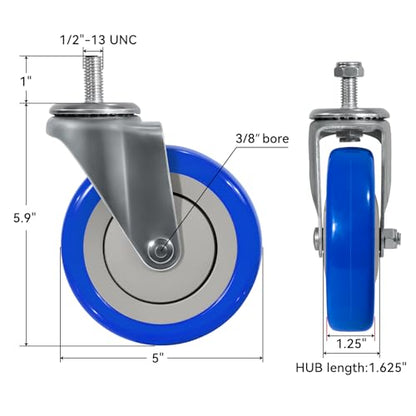5'' Stem Caster Wheels, Heavy Duty Casters Set of 4, Replacement Shopping Cart Wheels for Cart, Industrial Polyurethane Casters Load 1400lbs (4 Swivel) - style: 5 inch Blue