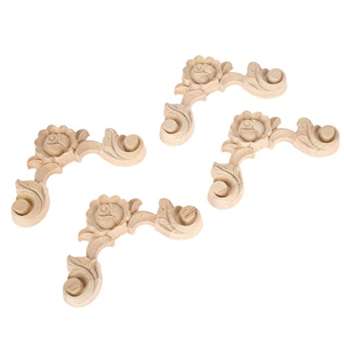 Rose Carved Appliques Onlays, 4Pcs Unpainted Wood Carvings Decals - size: 9x9cm/3.54"x3.54"