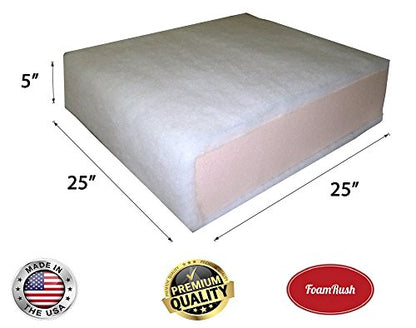 FoamRush 5" x 25" x 25" Seat Cushion Foam with Batting/Dacron (Cushion Seat Replacement) Made in USA - color: High Density + Batting, size: 5" x 25" x 25"
