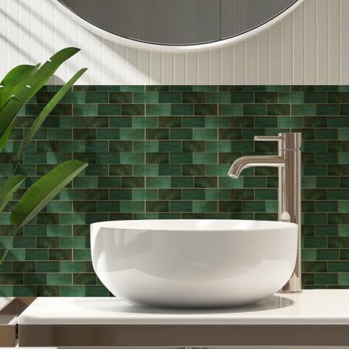 10-Pack Peel and Stick Backsplash Tiles, 7.87"x7.87" Self-Adhesive Wall Tiles, Green Marble Vinyl Waterproof Wall Covering, Kitchen Backsplash Sticker for Renters, Apartment, Hotel, Bathroom, RV - color: Dark Green