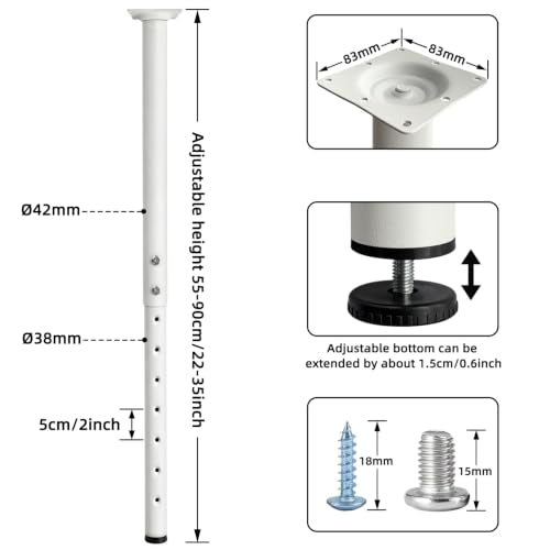 Jahof Adjustable Table Legs 22-36 inch (55-90 cm), Ø42/38 mm (4, White) - color: White