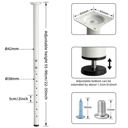 Jahof Adjustable Table Legs 22-36 inch (55-90 cm), Ø42/38 mm (4, White) - color: White