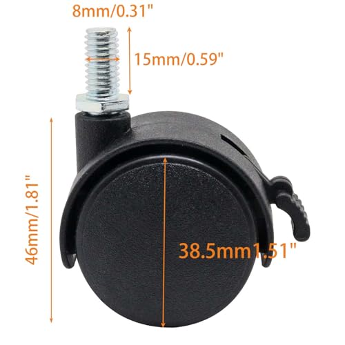 Locking Casters Set of 4, M8 Threaded Plastic Stem Caster Wheels 1.5 inch, Black Nylon Swivel Caster Wheels Replacement for Furniture, Office Chair, Table, Cabinet, Shelf - style: 1.5 Inch with Brake-M8 Threaded Stem