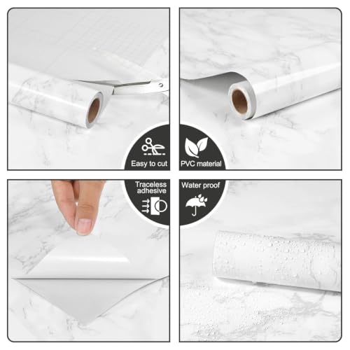CAX Peel and Stick Wallpaper White Marble Contact Paper for Countertop - color: White and Gery, size: 23.6" x 472"
