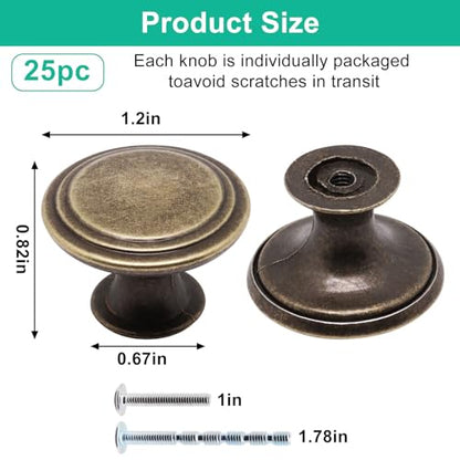Cabinet Knobs Antique Brass 25 Pack, 1.2 inch Round Cabinets Knobs Kitchen Cabinet Door Knob Cupboard Knob for Dresser Drawers Cabinets - color: Antique Brass
