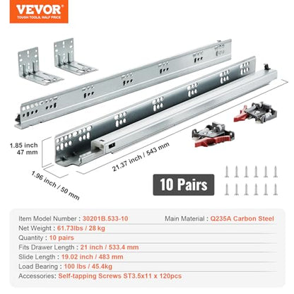 VEVOR Bottom Mount Drawer Slides 10 Pairs 21 Inch, Heavy Duty Ball Bearing Soft Close Full Extension Steel Tracks, Noiseless Guide Glides for Cabinet Kitchen Drawers with Locking, 100 Lbs Capacity - size: 21inch, style: 10 Pairs