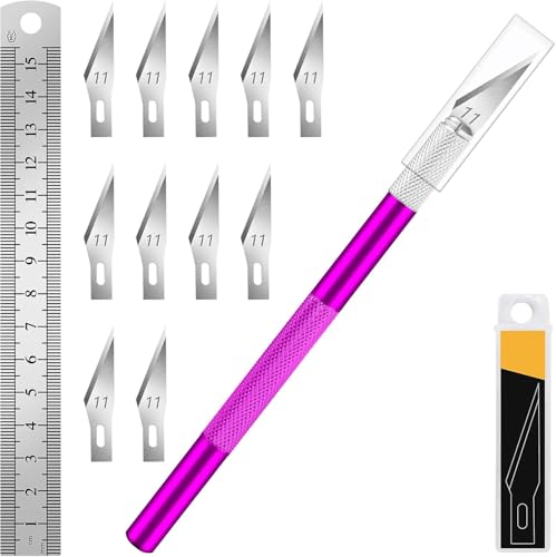 DIYSELF Craft Hobby Knife Set with 10 Extra #11 Blades, 6-Inch Metal Ruler - color: Purple-10pcs