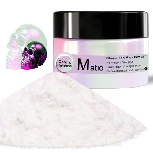 Matio Chameleon Mica Powder, 1.06oz/ 30g Cosmic Rainbow White Chrome Powder, Pearlescent Effect Color Shift Pigment for Resin Craft, Soap Candle Dye, Nail Art, Makeup, Bath Bomb,Paint,Slime Pigment - color: W-Cosmic Rainbow