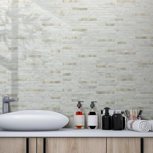 AULIGET 2 Sheets Faux Stone Peel and Stick Backsplash, Beige Stone Look PVC Wall Tile Stick on Backsplash for Kitchen and Bathroom - color: Beige Stone + Metal Gold, size: 2 Sheets, 6"x12"x0.12"