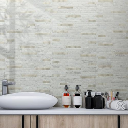 AULIGET 2 Sheets Faux Stone Peel and Stick Backsplash, Beige Stone Look PVC Wall Tile Stick on Backsplash for Kitchen and Bathroom - color: Beige Stone + Metal Gold, size: 2 Sheets, 6"x12"x0.12"
