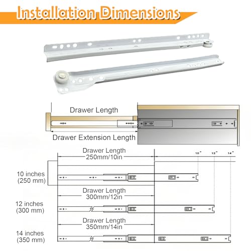 12 Inch Drawer Slide Kit, Soft Close Heavy Duty Drawer Slide Bottom Mount,Coated Steel Drawer Track with Smooth Nylon Rollers, Drawer Glides Replacement for Cabinet Dresser, White - size: 0.8mm 12 in