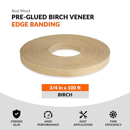 Birch Veneer Edge Banding 3/4inch x 100 ft Pre Glued Wood Adhesive Edging Trim Tape Iron On Flexible Strips Roll Furniture Laminate Glue Plywood Sheets Strips Sheet Band Formica Glue Bendable - size: 3/4 in x 100 ft