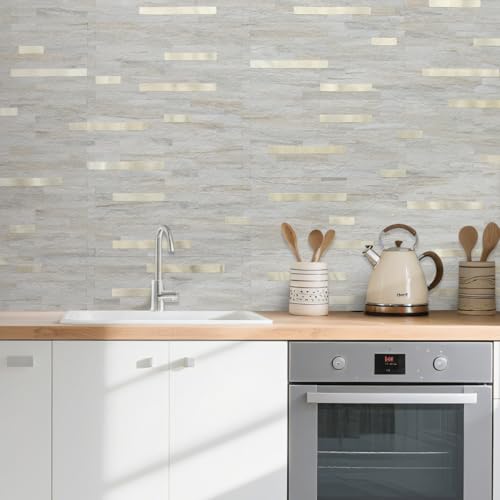 AULIGET 20 Sheets Faux Stone Peel and Stick Backsplash, Beige Marble Look PVC Wall Tile Stick on Backsplash for Kitchen and Bathroom - color: Beige Marble + Metal Gold, size: 20 Sheets, 6"x12"x0.12"