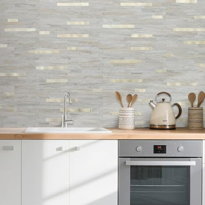 AULIGET 20 Sheets Faux Stone Peel and Stick Backsplash, Beige Marble Look PVC Wall Tile Stick on Backsplash for Kitchen and Bathroom - color: Beige Marble + Metal Gold, size: 20 Sheets, 6"x12"x0.12"