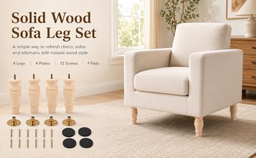 5.9 Inch Wooden Furniture Bun Feet Set of 4, Unfinished Rubber Wood Replacement Furniture Legs, M8 Thread, with Mounting Plates Screws Floor Pads for Couch Chair Ottoman Cabinet