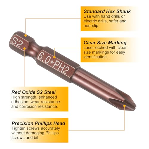 HARFINGTON 5pcs #2 Phillips Screwdriver Bit PH2 1/4" Hex Shank 2" (50mm) Long 0.24" Rod Magnetic Cross Head Drive Drill Bits S2 Steel Industrial Screw Driver Electric Power Tool, Brown - size: PH2 x 2" x 0.24"